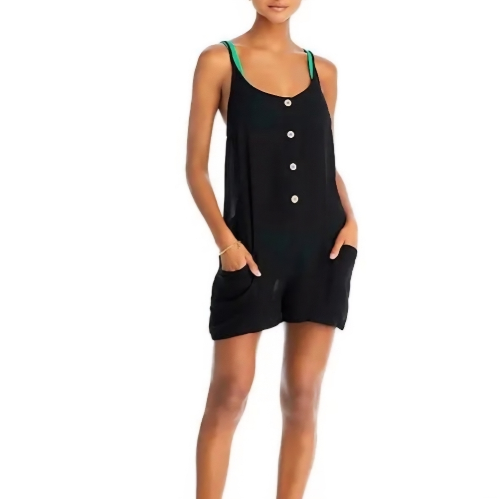 AQUA Black Romper Swimsuit Cover Up Pockets Shorts Size XL